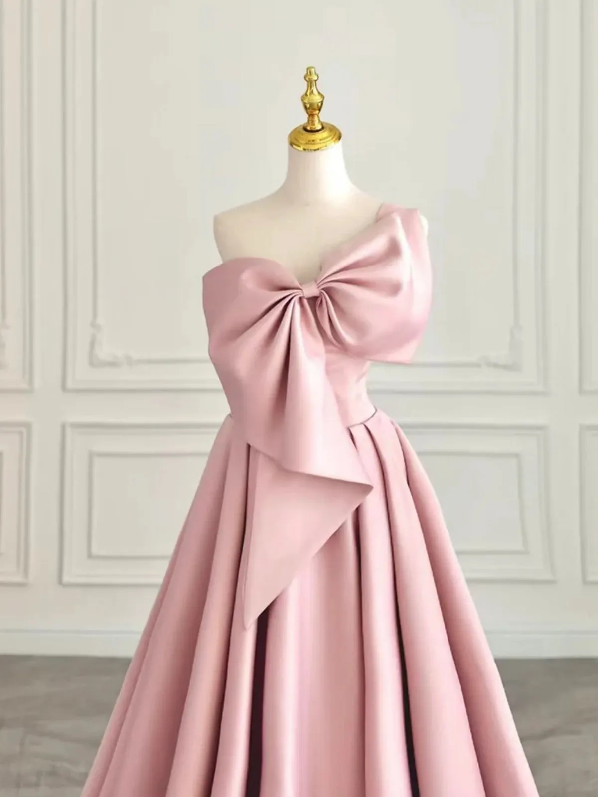 One Shoulder Pink Satin Prom Dress, Pink One Shoulder Satin Long Formal Evening Dresses