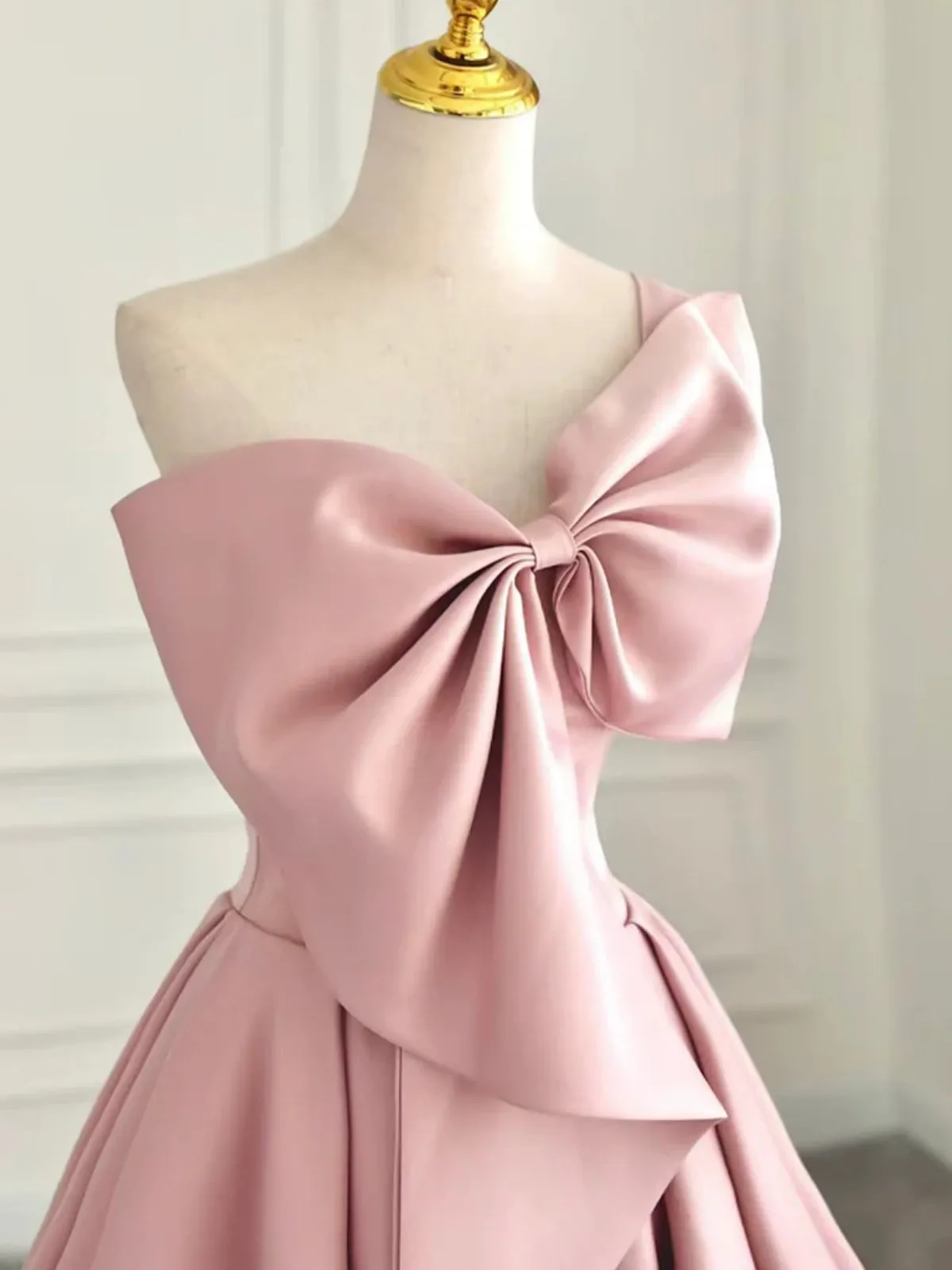 One Shoulder Pink Satin Prom Dress, Pink One Shoulder Satin Long Formal Evening Dresses