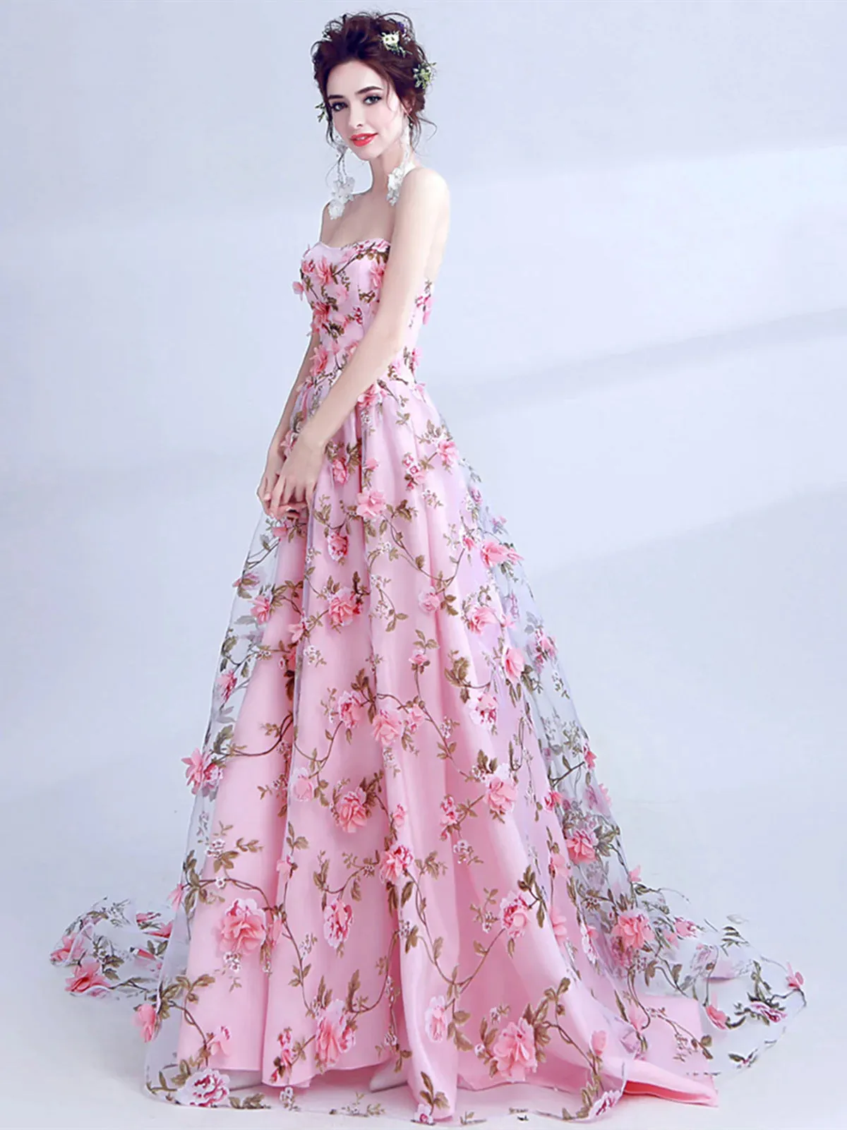 Strapless Pink 3D Floral Long Prom Dresses, Pink 3D Floral Long Formal Evening Dresses