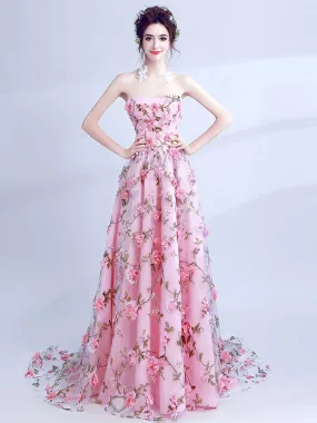 Strapless Pink 3D Floral Long Prom Dresses, Pink 3D Floral Long Formal Evening Dresses