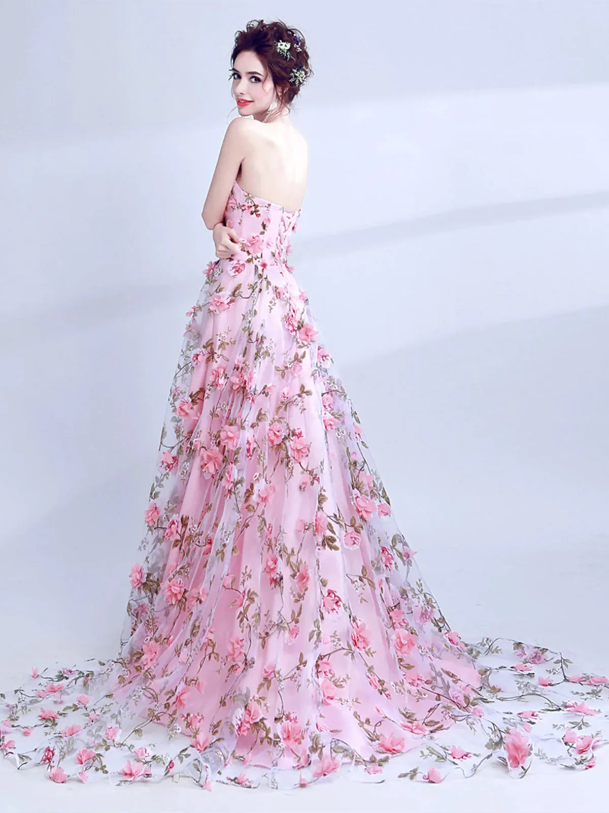 Strapless Pink 3D Floral Long Prom Dresses, Pink 3D Floral Long Formal Evening Dresses